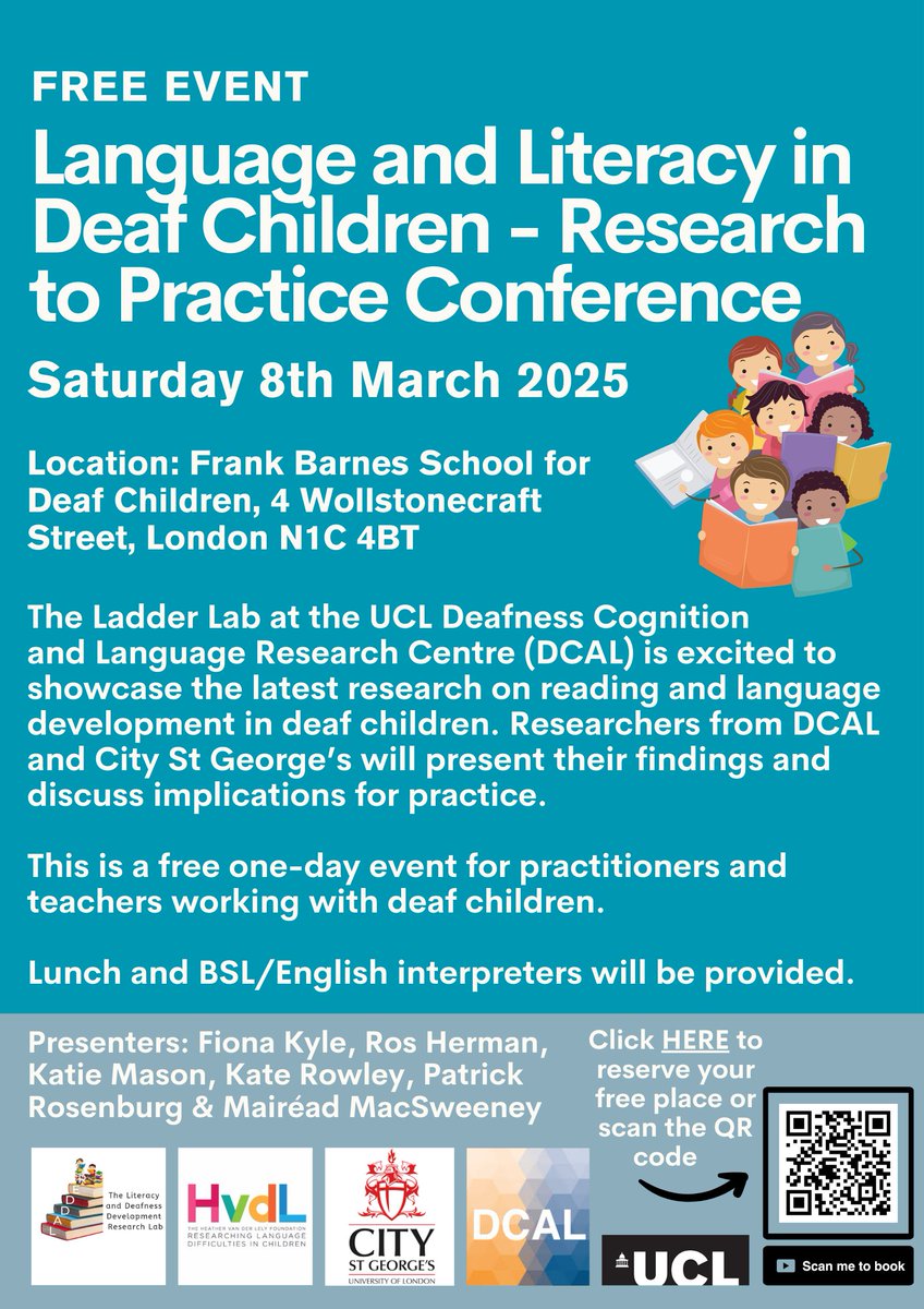 Ladder_Lab's tweet image. 📢 Come and join us for a FREE research to practice conference for practitioners and teachers working with deaf children - we'll present the latest research findings on Language & Literacy Development - Sat 8th March 2025 at Frank Barnes School. Register: bit.ly/3WNd7I5