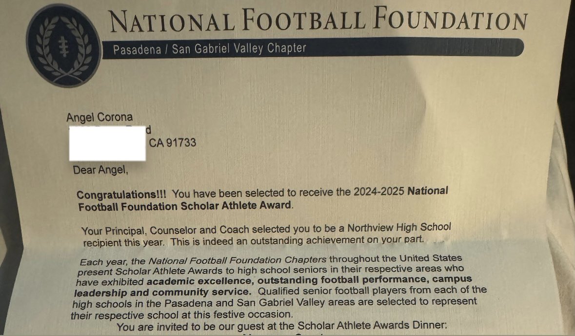 Blessed to receive the 2024-2025 National Football Foundation Scholar Athlete Award! Thankful to be recognized among other great scholar athletes! <a href="/NVfootball58/">Northview Football</a> <a href="/SilvaUSSSASoCal/">Silva</a> <a href="/coachmark_48/">Mark the Shark</a> <a href="/a_corona_uno/">Angel Corona SR</a> <a href="/bertodelgado_/">Roberto Delgado</a>  <a href="/a_hoopeerrrr/">🐎Hoopssdotcom🐎</a> <a href="/MatthewLeyva8/">Matthew Leyva</a>