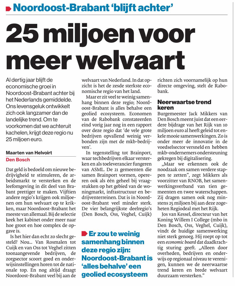 #voorpaginanieuws VANDAAG Hoera, Noordoost-Brabant krijgt een nieuwe Regio deal! Het Rijk investeert 25 miljoen in onze regio om een krachtige impuls te geven aan de #bredewelvaart #tgoeieleven. Dat mag zéker in de krant. #elkeregiotelt <a href="/Brabant/">Provincie Noord-Brabant</a> #AgriFoodCapital <a href="/NOBWerkt/">Noordoost Brabant Werkt</a>