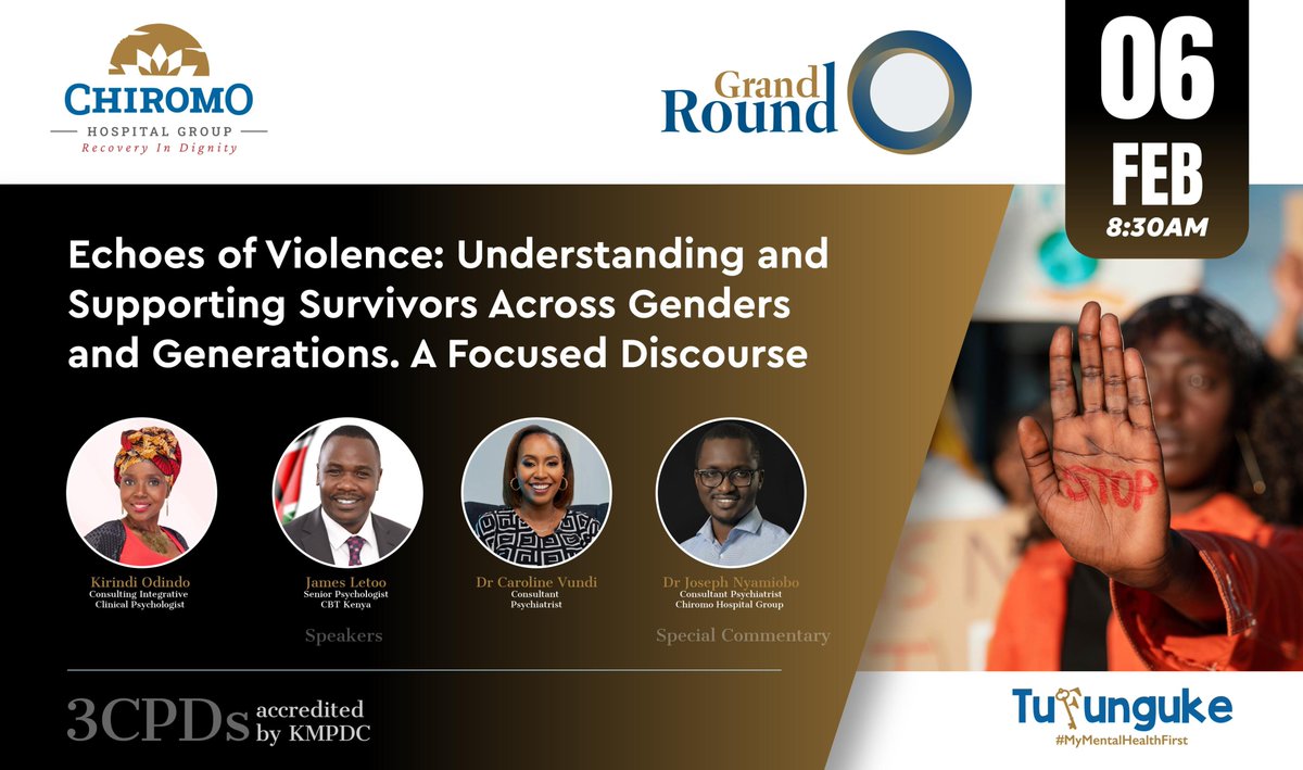 ChiromoHospGrp's tweet photo. Echoes of violence is the title of this forthcoming Grand Round, a crucial conversation that sheds light on the pervasive issue of violence and its lasting impact.

By exploring the experiences of survivors, we can gain a deeper understanding of their needs and develop effective strategies for support. This dialogue is essential for fostering empathy, breaking down stigma, and creating a safer and more inclusive society for all. 

Join this great panel featuring Karindi Odindo, @LETOOJOBJAMES  @dr_vundi  & Dr. Joseph Nyamiobo this coming Thursday, from 8:30 AM EAT through the link below

https://t.co/KEx0Bf7ZHe

Or watch the stream LIVE on our YouTube page; Chiromo Hospital Group

#Tufunguke about #GBV