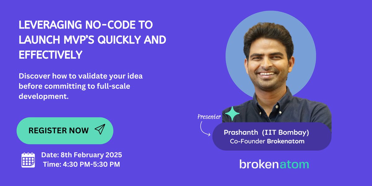 brokenatom_io's tweet image. Bringing ideas to life is easier than ever! Join Prashanth, (Co-Founder: Brokenatom), for a webinar on launching MVPs with no-code.

Date: 8th Feb 2025
Time: 4:30PM - 5:30PM
Learn to validate ideas, build fast, and scale efficiently. Register now: lnkd.in/gAAva4qE