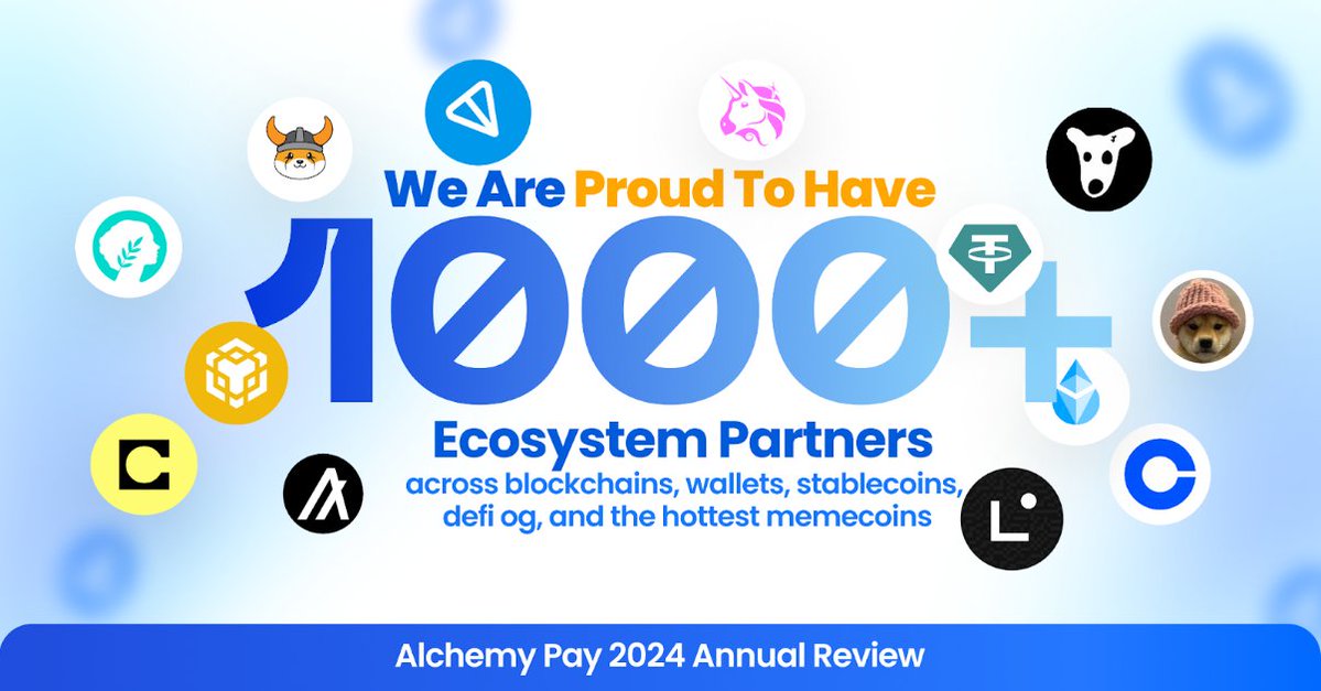 AlchemyPay's tweet photo. 🔗 1000+ partners & counting! In 2024, #AlchemyPay teamed up with leading names across blockchain, DeFi & meme tokens to drive mass adoption!
💡 Key collaborations:
✅ #Tether, #TON, #BNBChain, #CoinbaseWallet, #Algorand, #Linea, #Metis, #Celo & more
✅ #Lido & #Uniswap for seamless DeFi integration
✅ Meme coin mania with $DOGS, $WIF, $FLOKI, $NEIRO, $FOXY & more 🐶🔥
Crypto is for everyone—let’s keep building! 🚀 

$ACH