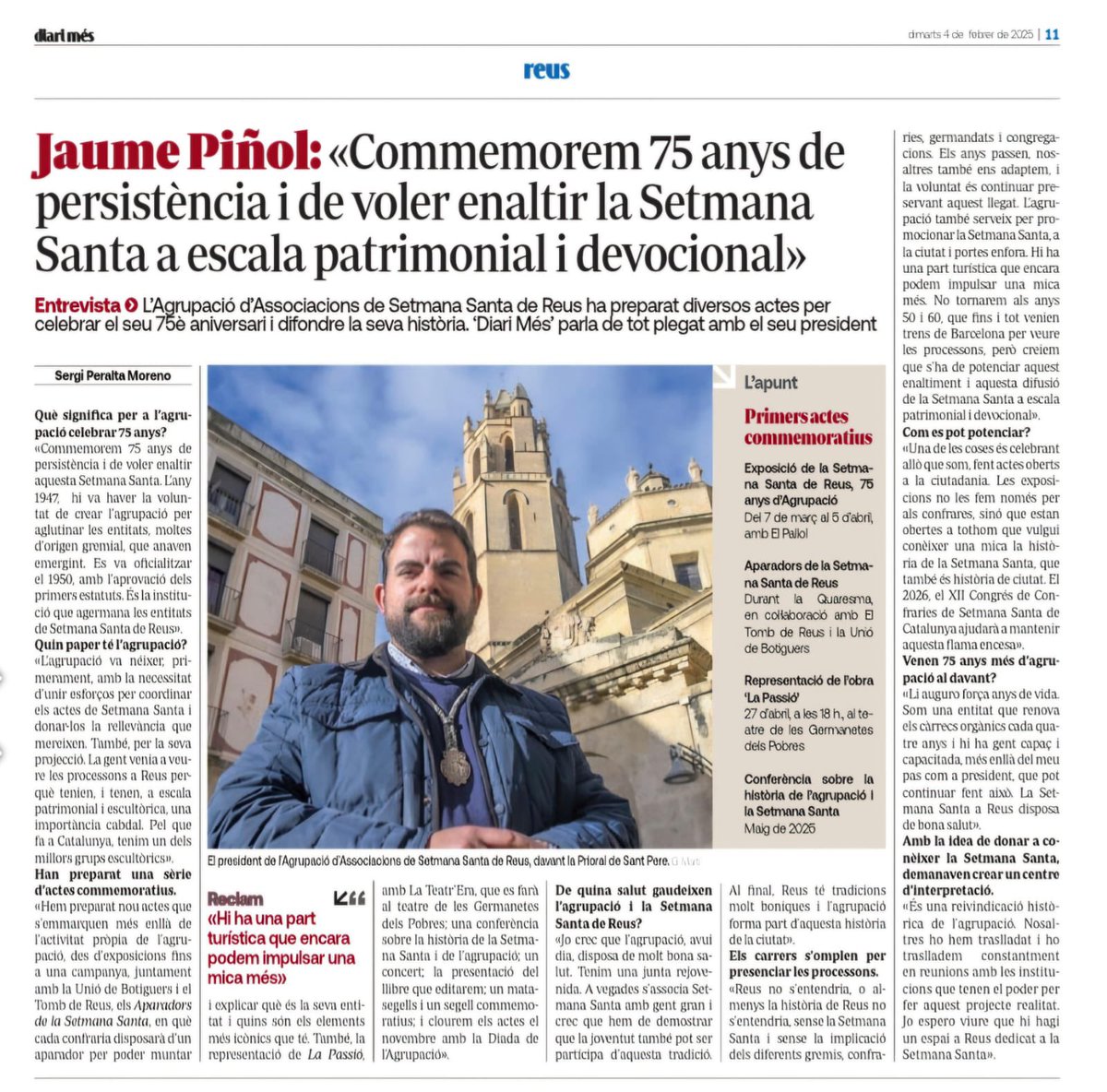 JaumeReus's tweet photo. 🗞️Us comparteixo l'entrevista que publica el @diarimes sobre el 75è aniversari de l'Agrupació d'Associacions de Setmana Santa de Reus. Un repàs a la història, el present i el futur d'una tradició molt nostrada i arrelada a la ciutat.
#SetmanaSantaReus #75Anys https://t.co/eqn0K80pKc