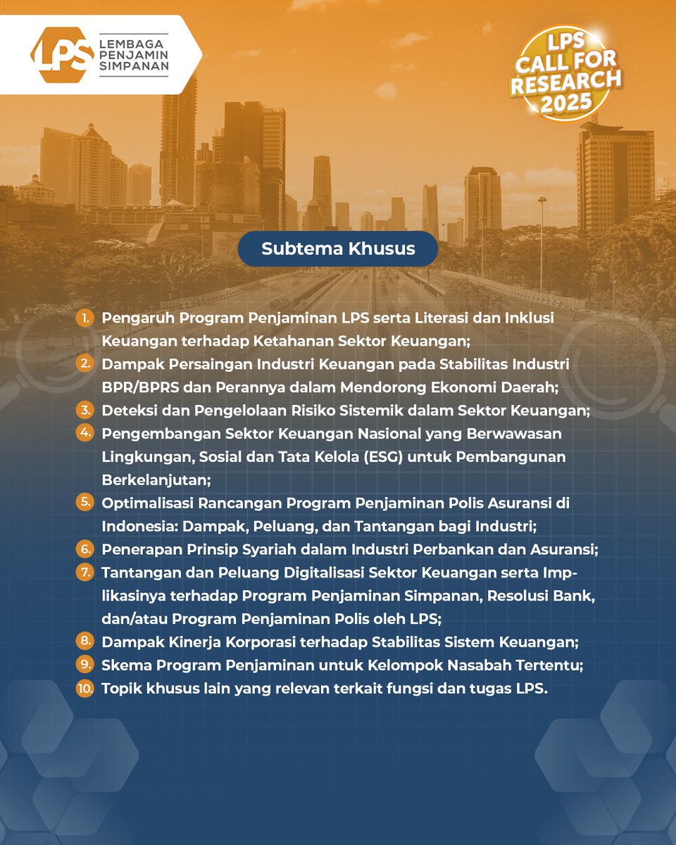 lps_idic's tweet photo. 📢 INFORMASI LPS CALL FOR RESEARCH 2025📢

Halo peneliti muda Indonesia, LPS Call for Research 2025 resmi dibuka! 🚀✨

Tahun ini, LPS Call for Research mengangkat tema:

 "Pengembangan dan Penguatan Sektor Keuangan dalam Meningkatkan Produktivitas dan Memperkuat Struktur Perekonomian"

LPS mengajak seluruh peneliti di Indonesia untuk berkontribusi nyata dalam membangun ekonomi Indonesia dan memberikan masukan kebijakan di sektor keuangan berbasis riset yang berkualitas.

🏆 Total hadiah ratusan juta rupiah!

Segera daftar dan jadilah bagian dari perubahan! 

Klik link berikut untuk info selengkapnya ➡️ https://t.co/Sif94UoTql 

#LPSIndonesia #lpscfr2025 #riset2025 #research2025 #CallForResearch #ResearchCommunity 🚀📖