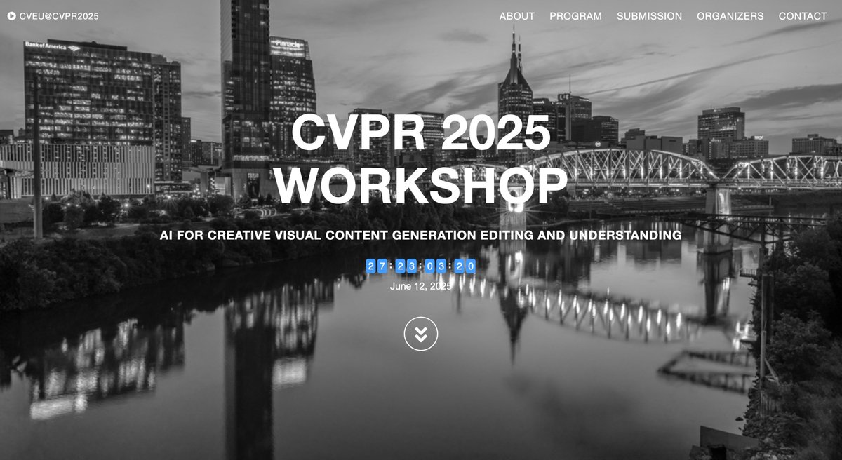 cveu_workshop's tweet photo. ๐27 days to go!๐
Submit your paper to the CVEU Workshop on Creative Visual Content Generation, Editing, and Understanding at CVPR 2025! ๐จ
๐
Key Dates:
Submissions open: 2025/02/01
Abstract deadline: 2025/03/01
Submission deadline: 2025/03/06
#AI #ComputerVision #CVEU #GenAI https://t.co/6Kgz5Q8OwL