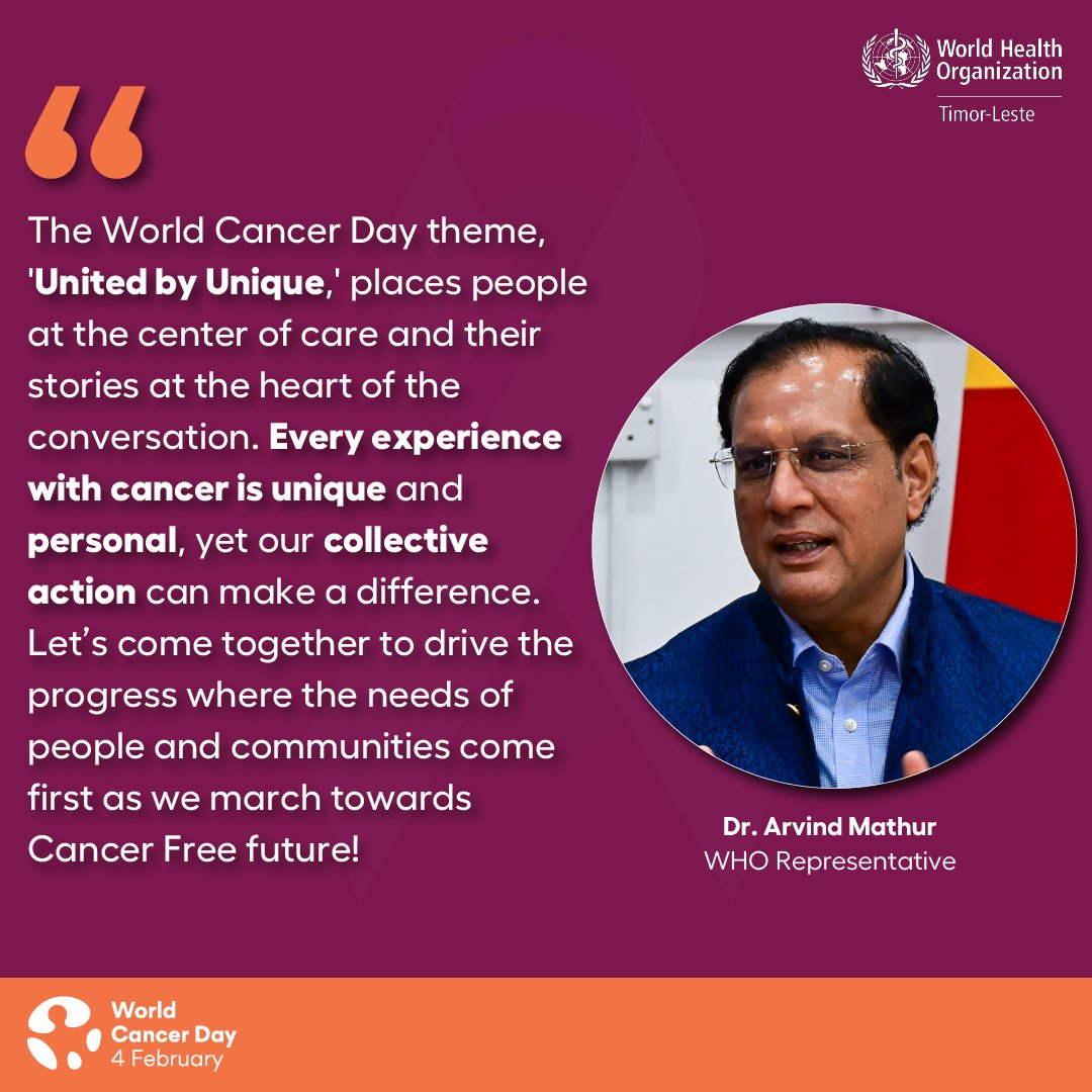 WHOTLS's tweet photo. This #WorldCancerDay, Dr. Arvind highlights the theme ‘United by Unique.’ Every cancer journey is personal, but together, we can drive progress toward a cancer-free future. Let’s put people & their stories first. 💜 #UnitedByUnique #CancerFreeFuture https://t.co/0Z5GacRC5j
