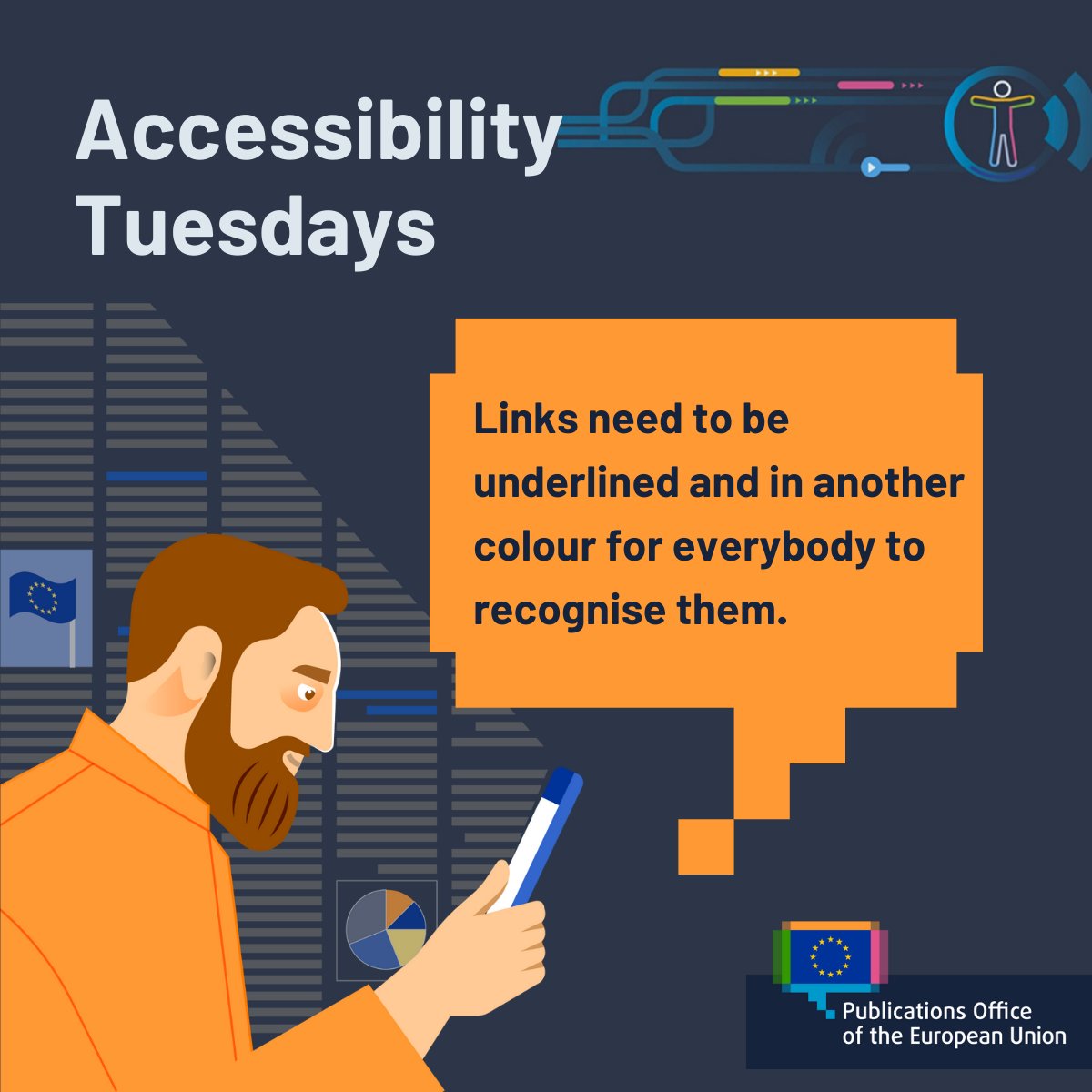 EUPublications's tweet photo. How accessible is your content?🔗

Having links in another colour is not enough. Many people have difficulties distinguishing between colours. Thus, links need to be also underlined so that everybody can recognise them properly.

#AccessibilityTuesday https://t.co/nHuhY6p9lK