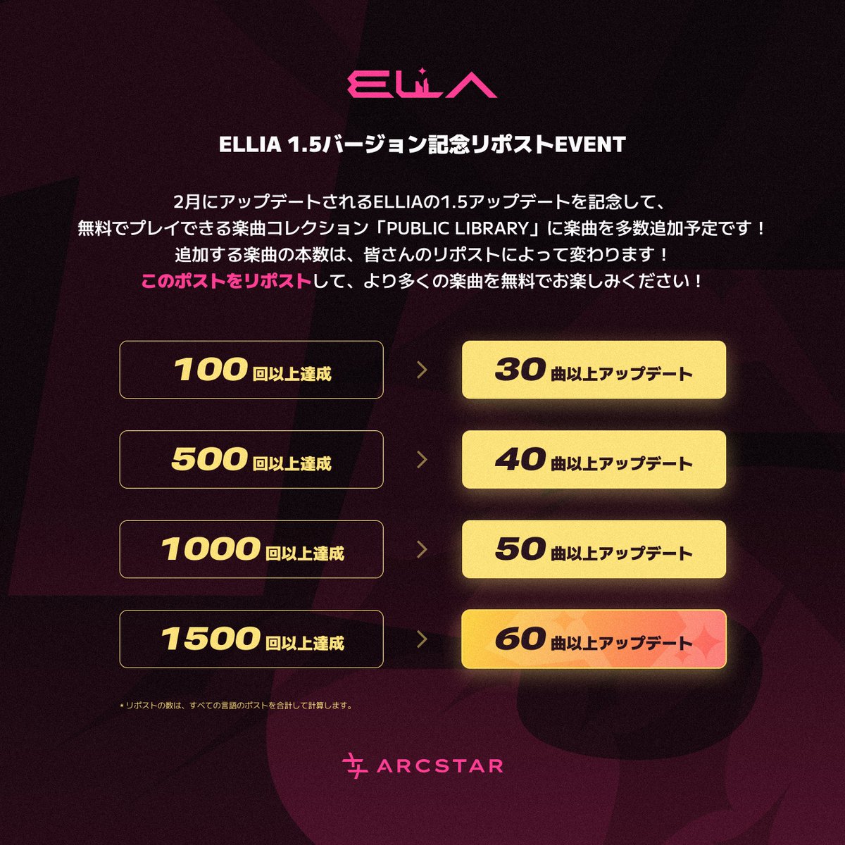 ELLIA_Official's tweet photo. ELLIA 1.5バージョン記念リポストEVENT

このポストをリポストして、より多くの楽曲を無料でお楽しみください！
#ELLIA