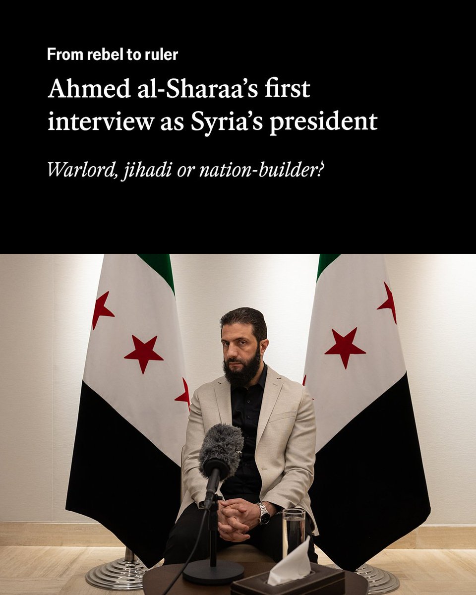 Ahmed al-Sharaa lays out his vision for rebuilding Syria’s smashed and bankrupt state in his first interview as the country’s leader econ.st/40ZAYqE

Photo: Oliver Marsden