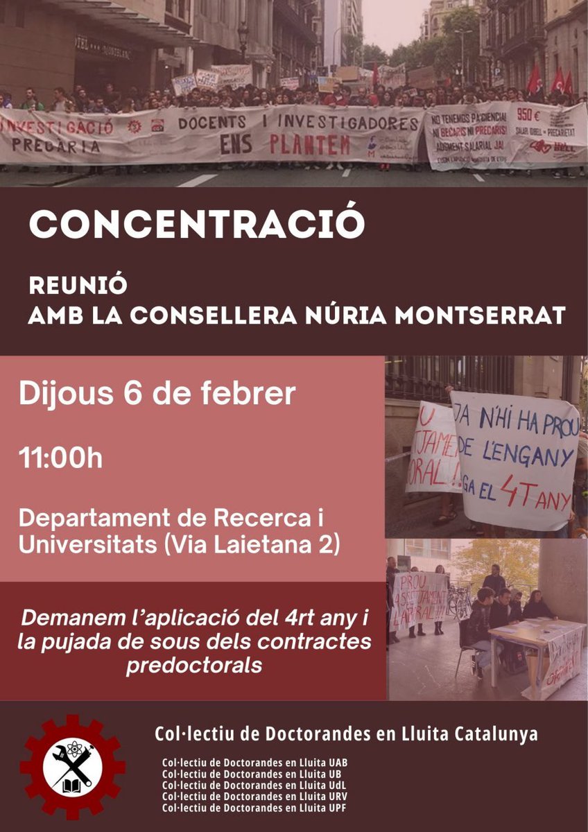 CGT Ensenyament Ponent-Pirineus (@cgtenseponent) on Twitter photo 🔴Dijous donarem suport a Doctorandes en Lluita a la reunió davant la Consellera 
 
⚫Prou precarietat a la Universitat! 
 
✊ Pel 4rt Any de Contracte Predoctoral 
✊ Per la pujada salarial 
 
📅 Dijous 6 de Febrer 
🕚 11h 
📍 Via Laietana 2 (Departament Recerca i Universitat) 🔴Dijous donarem suport a Doctorandes en Lluita a la reunió davant la Consellera 
 
⚫Prou precarietat a la Universitat! 
 
✊ Pel 4rt Any de Contracte Predoctoral 
✊ Per la pujada salarial 
 
📅 Dijous 6 de Febrer 
🕚 11h 
📍 Via Laietana 2 (Departament Recerca i Universitat)