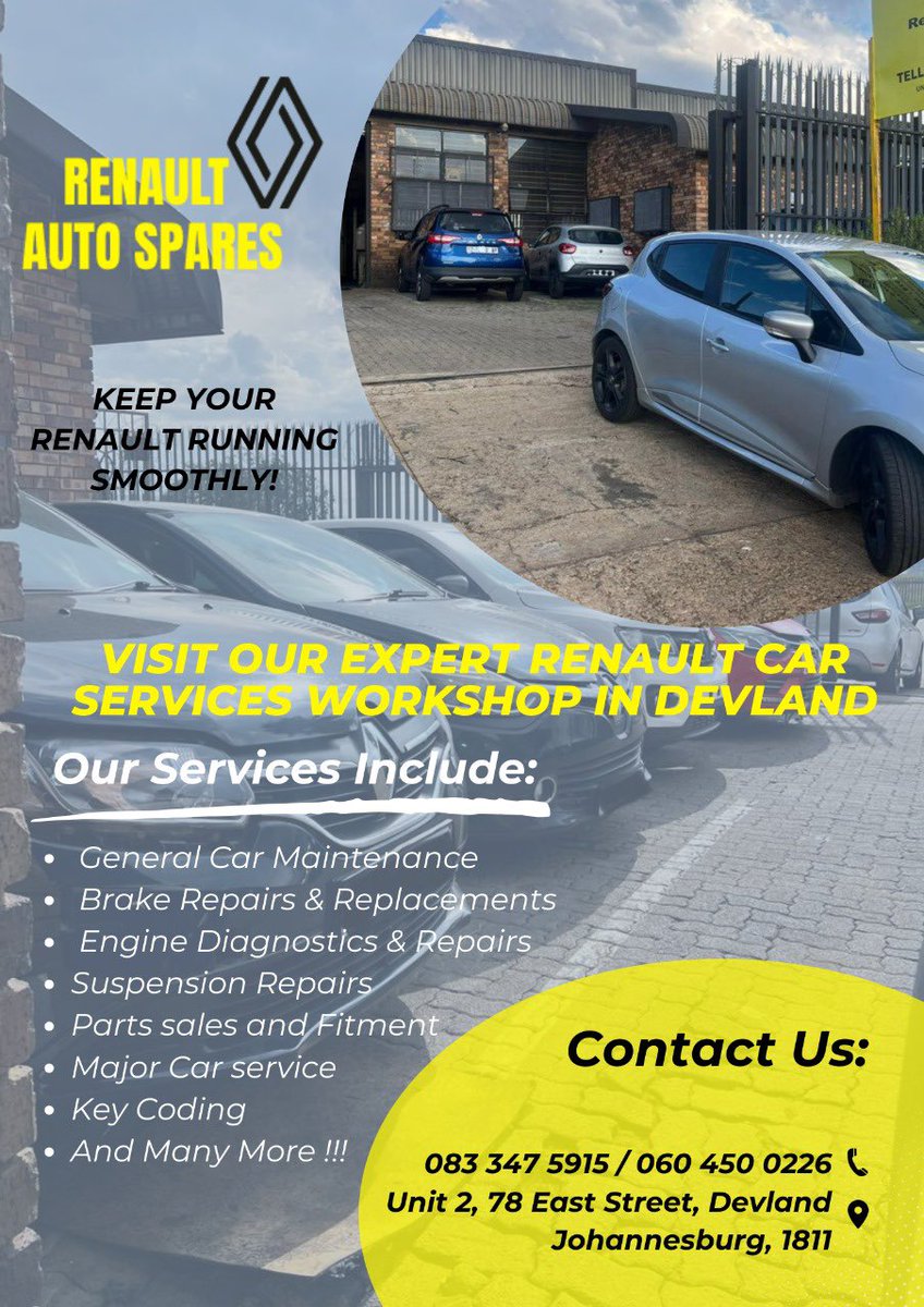 SparesRenault's tweet photo. We’re here for all your Renault needs 🛠️

📞 083 347 5915

📍unit 2, 78 East street, Devland, Johannesburg 1811

#Renault  #strippingforspares https://t.co/BdGs8qRwFb