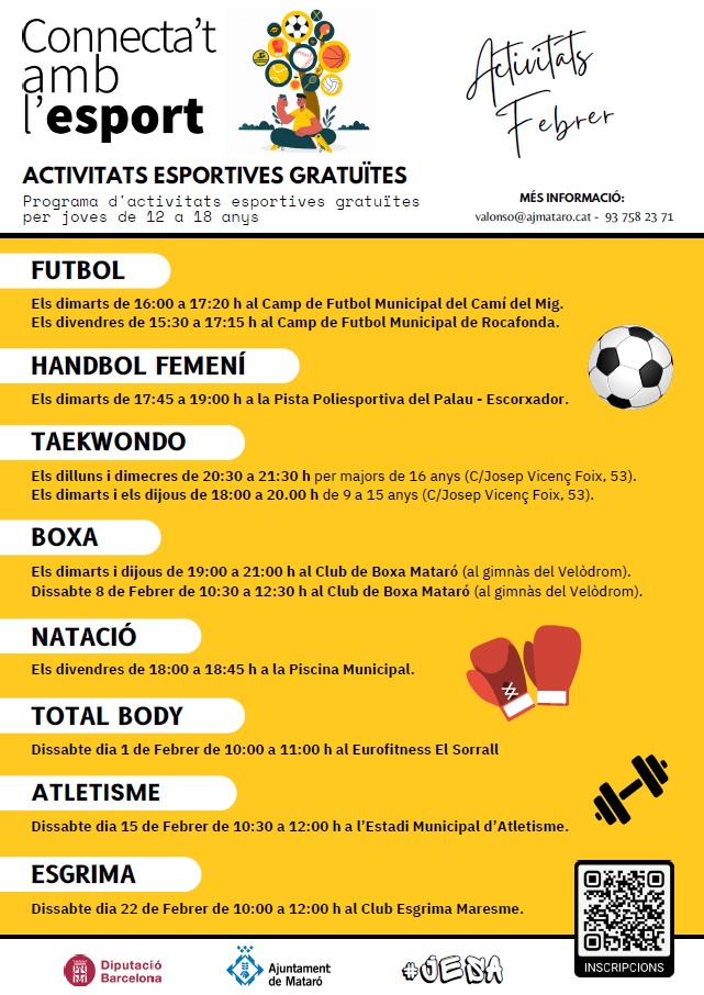 esportmataro's tweet photo. ⚽ "Connecta't amb l'esport"
🔷 Activitat física i esport pels joves!
👉 De 12 a 18 anys
📅 Aquests mes de febrer tens moltes activitats i esports per triar!
🔶 Setmanals
🔶 Dissabtes
📝 Informació/Inscripció online
#ProjecteJESA @EsportsDiba
#EsportMataró
Codi QR 👇 https://t.co/NYVIi4fBiK