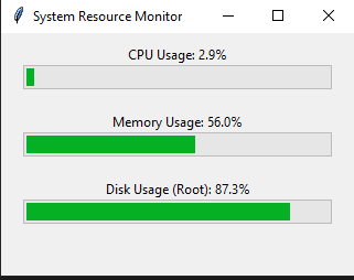 ElmerLeibniz's tweet photo. Day 34/365: System Resource Monitor with GUI 🖥️⏱️
✅ Real-time monitoring of CPU, Memory & Disk usage
✅ Interactive UI built with Tkinter & psutil
✅ Lightweight dashboard updating every second 🚀
#365DaysOfCode | #Python | #Tkinter | #psutil | #SystemMonitor https://t.co/fqCRrU7xF9