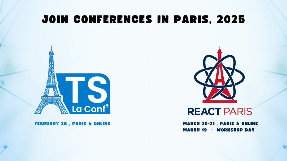 😜#Paris, we're coming! Join us:

➡️ La-Conf.Typescript.Paris (Feb.28) 
➡️ React.Paris (Mar.20-21 + #Workshop Day)  

#TypeScript  #React #Conferences #community