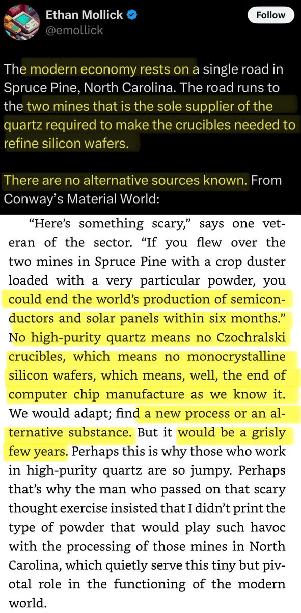 Word to the wise. 

Don’t play chicken with an orange man driving a tank that isn’t playing chicken. 

“Two mines in North Carolina are the world's only producer of the quartz necessary for semiconductor manufacturing

If they were to stop operating, it would mean a few years of