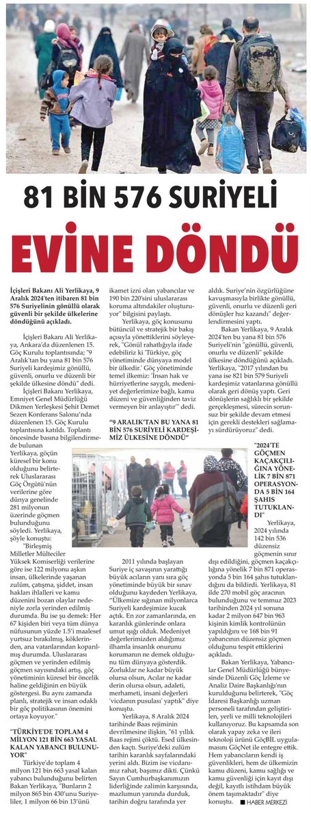 Geri dönüş devam ediyor…
Gönüllü, güvenli…
8 Aralık’tan sonra 82 bin,
Son 6 yılda 822 bin Suriyeli’nin Özgür Suriye’ye güvenli ve gönüllü dönüş gerçekleşti .