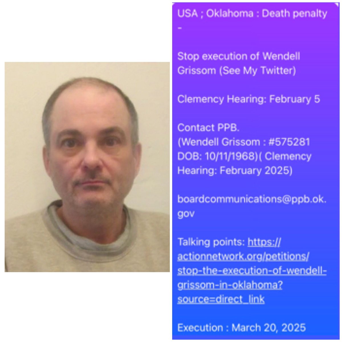 Attika_t's tweet photo. #Oklahoma 

Stop execution of #WendellGrissom (See My Twitter)

Clemency Hearing: February 5

Contact PPB.
(Wendell Grissom : #575281
DOB: 10/11/1968 ( CH: February 2025)

boardcommunications@ppb.ok.gov 

Talking points: https://t.co/AI4fjG0Qpy

Execution: March 20, 2025 https://t.co/saevzpcCjp