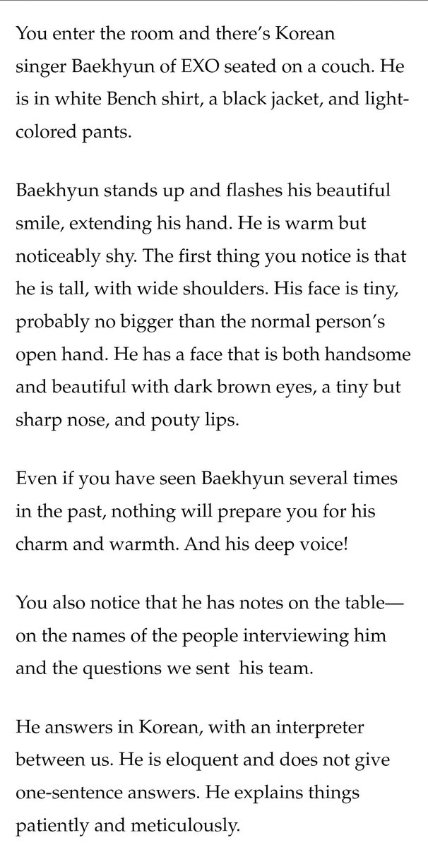 lightbaek614's tweet photo. this description of baekhyun ㅠㅠ

"...he is tall, with wide shoulders. His face is tiny,
probably no bigger than the normal person's
open hand. He has a face that is both handsome
and beautiful with dark brown eyes, a tiny but
sharp nose, and pouty lips." https://t.co/IVVdyrQ2eV