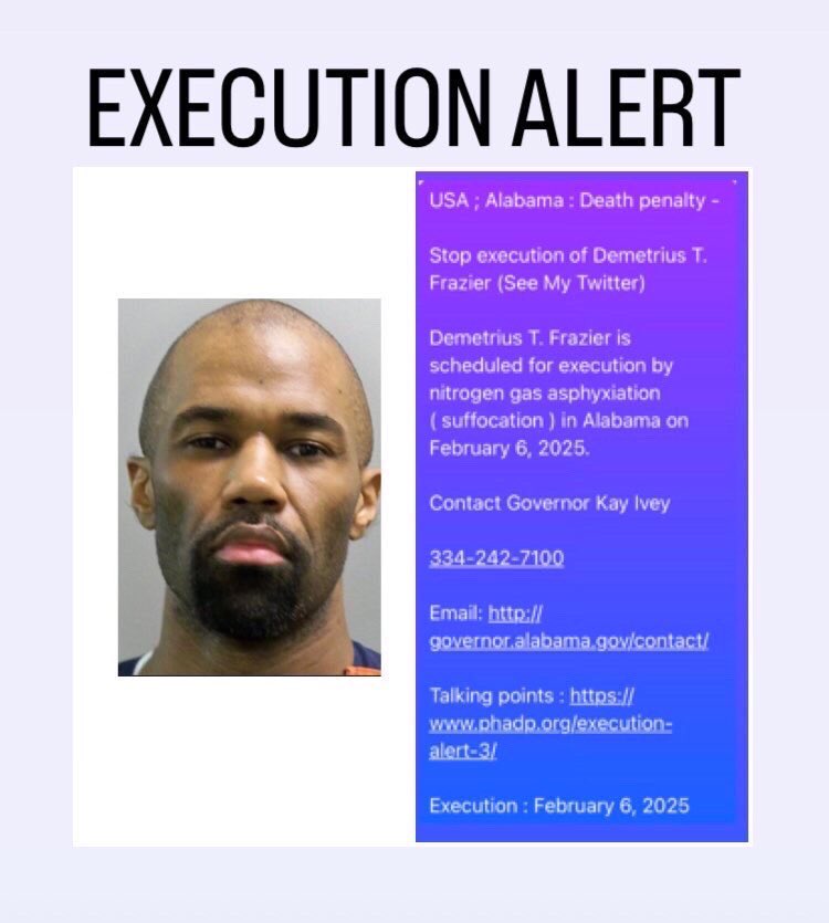 Attika_t's tweet photo. #Alabama

Stop execution of #DemetriusFrazier (See My Twitter)

Contact Governor Kay Ivey
 
334-242-7100

Email: https://t.co/utzRwpDG45

Talking points : https://t.co/HBNbCZpfLH

Execution : February 6, 2025 https://t.co/byWLU3TQL1