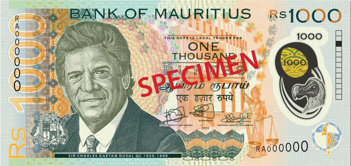 chandersjeena's tweet image. Mauritius goes for polymer - The Bank of Mauritius has launched a new 1,000 rupee (MUR) banknote, printed by Oberthur Fiduciaire on GUARDIAN™ polymer. buff.ly/4hxAywQ #opticalsecurity #polymerbanknote Photo courtesy: CCLSecure