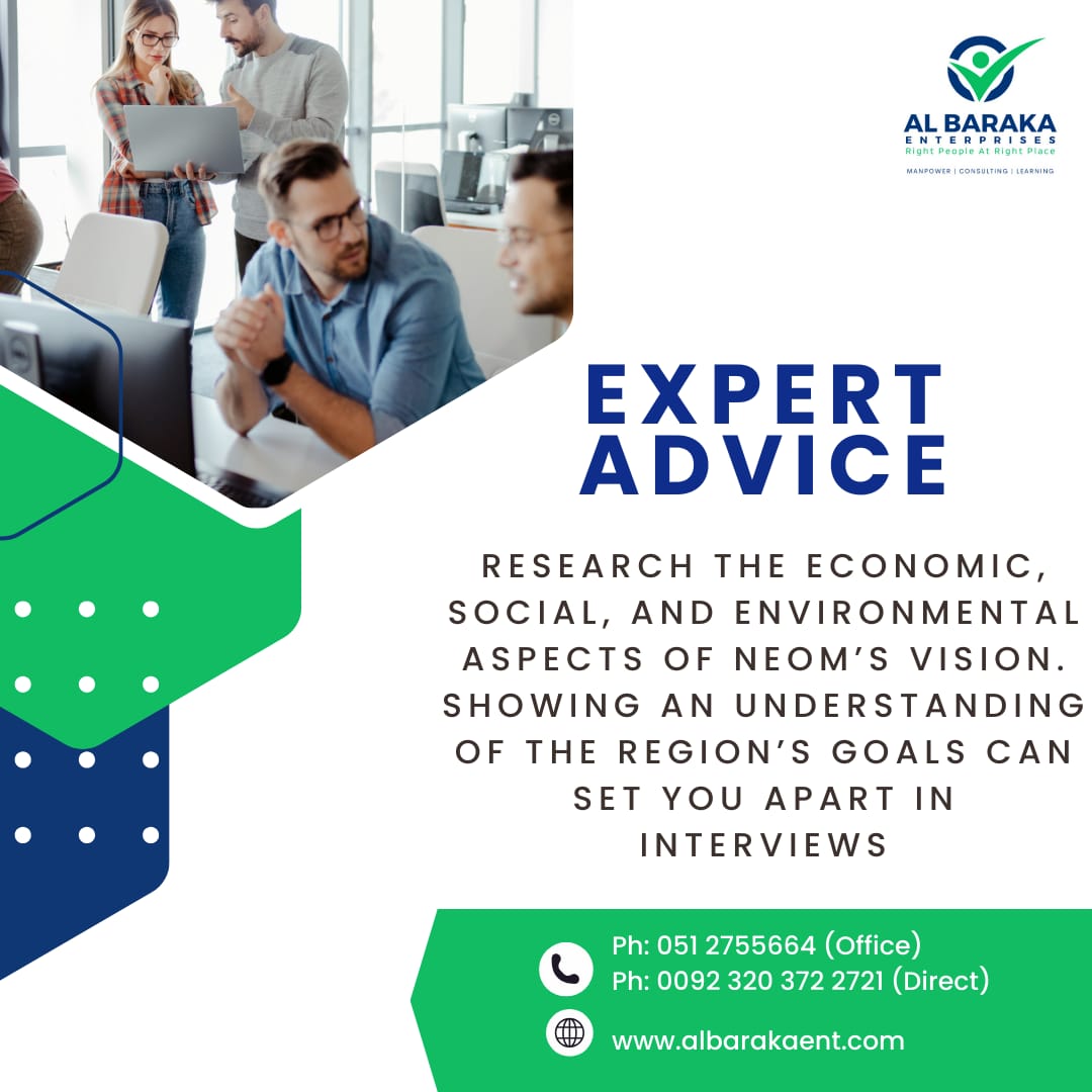 AlbarakahHiring's tweet image. Research the economic, social, and environmental aspects of NEOM’s vision. Showing an understanding of the region’s goals can set you apart in interviews💼 
.
.
.
#JobMarketTips #NEOMProject #SaudiVision2030 #AlBarakaEnterprises #ExpertRecruiters #StaffingSolutions