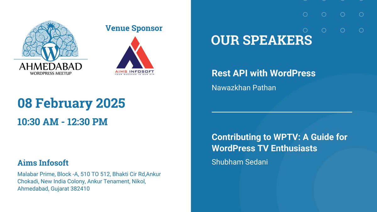 📢 Ahmedabad WordPressers! 🎉

Get ready for our first meetup of 2025 on 8th February 2025!

meetup.com/ahmedabad-wp-m…

Join us for two awesome sessions:
👉 Rest API with WordPress by Nawazkhan Pathan
👉 Contributing to WPTV by Shubham Sedani

Want to be part of future meetups?
🎤