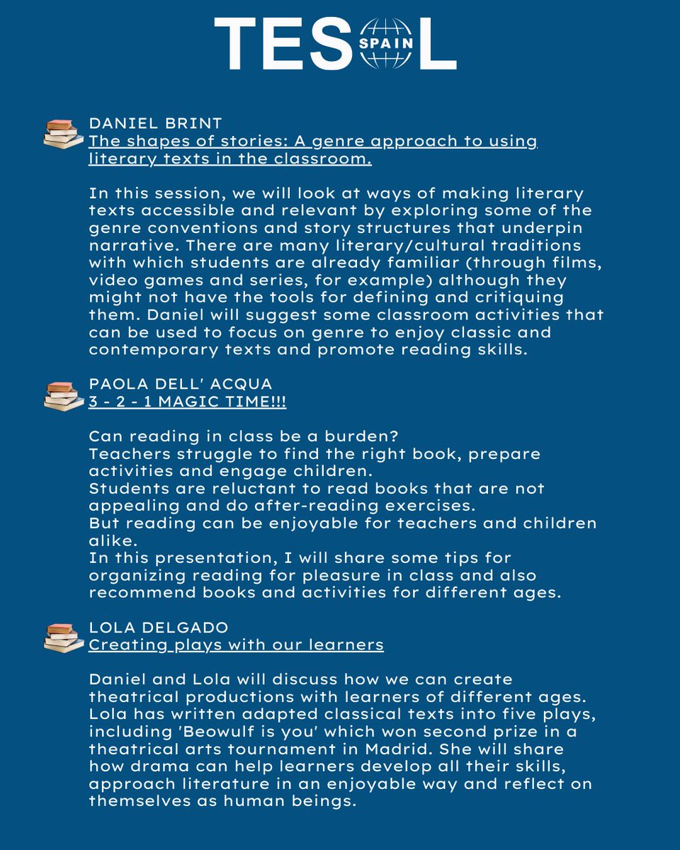 🗓️ Saturday 8th February
🆓 for TESOL-SPAIN members⠀
Non-members: 15 euros⠀
🔗REGISTRATION: bit.ly/literaturemini…⠀⠀
#tesol #tesolspain #claustrodeingles #profesdeingles #teachersresources #profesdeingles #classroomactivities #literature #miniconference #teachingliterature