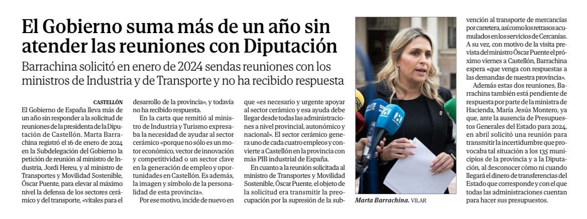 Más de un año esperando respuesta del Gobierno de España para tener reuniones con Ministros sobre temas que afectan a #Castellón.

Más de un año sin medidas, sin compromisos, sin soluciones. 
 
#Castellón no puede seguir esperando mientras el Gobierno de Sánchez nos ignora.