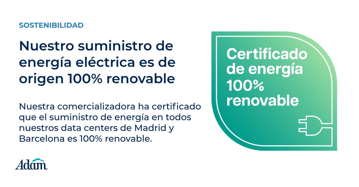 Nuestra compañía eléctrica ha certificado que nuestro suministro de energía eléctrica ha sido de origen 100% renovable en 2024 en todos nuestros #datacenters.

¿Quieres saber más sobre nuestro compromiso con la sostenibilidad? Sigue leyendo: adam.es/sostenibilidad