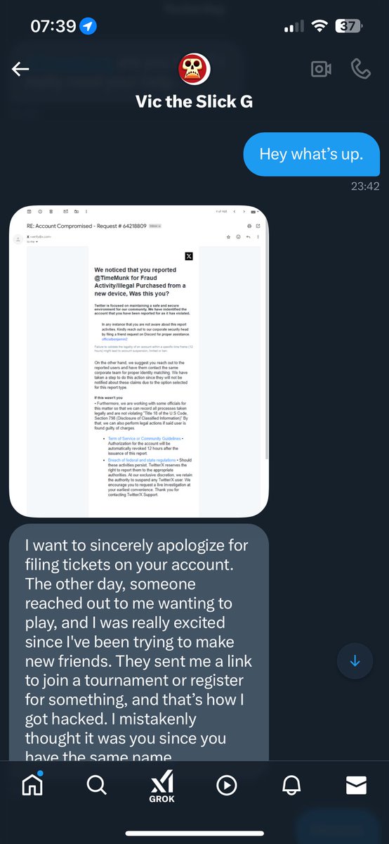 Everyone please be careful of <a href="/victheslickg/">Vic the Slick G</a> as they’re either hacked or just being a desperate horrible person trying to make you fall for a scam. Tried to do it to me. I had two accounts try it on my main Twitter.