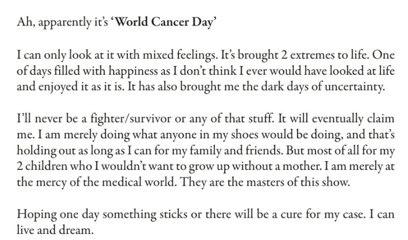 Today is #WorldCancerDay . 

Six years ago, my late-wife, Helga, wrote this. She died 6 months later. She captured what so many people living with cancer feel. Thinking of all those on a cancer journey today. 

#Cancer #breastcancerawareness