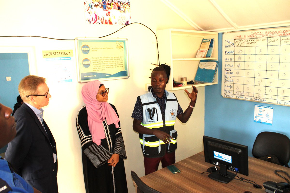 KECOSCE's tweet photo. We were honored to host @FCDONeilWigan at our Early Warning Early Response (EWER) Hub in Mombasa, where he gained firsthand insight into how the system is enhancing crime and violence prevention in Kenya’s coastal region. Some of the key outputs include;
The system disaggregated 517 reports and alerts in 2024. These alerts were critical in informing the security interventions and decisions that helped to mitigate conflict situations. 
The system has strengthened collaboration between communities, local structures, and security actors, leading to improved response and violence prevention. Through the support of @ReinventKenya  community policing structures have been reinforced, enhancing information sharing and patrols in hotspot areas. Increased awareness on S-GBV prevention and access to justice has led to 20+ active case follow-ups, with 15+ prosecutions ensuring perpetrators are held accountable.
Our dedicated EWER monitors shared their experiences, highlighting the impact of real-time data in shaping effective security responses. Together, we continue to build safer communities. #KEWER