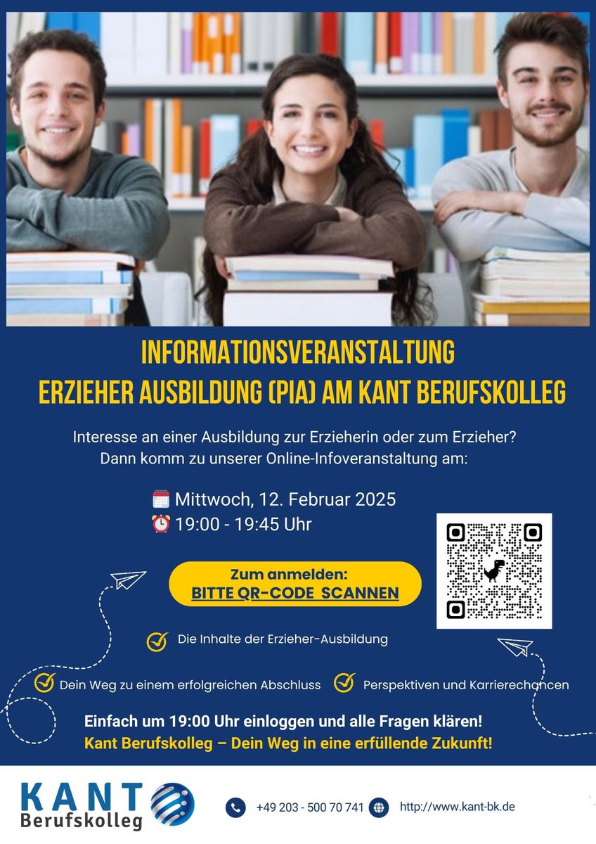Kant_BK's tweet photo. Informationsveranstaltung des Kant Berufskollegs
Am Mittwoch (12.02.2025) laden wir interessierte Schülerinnen und Schüler mit oder ohne Eltern zur Online-Informationsveranstaltung des Kant Berufskollegs ein.
Wir freuen uns auf Euren Besuch. https://t.co/KHuZ13c7lT