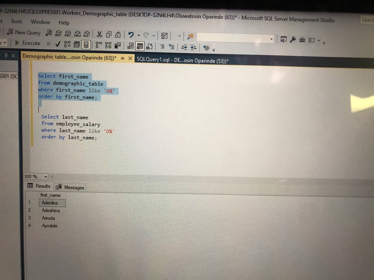 Imoleayo1182245's tweet image. Day 6/15 of SQL 🧑‍💻data challenge with DAH

I learnt the Like Operator. It is used in a Where clause to search for a specified pattern in a column.
@Ayoogunlola 
#15daysofconsistencywithdah 
#15daysofdatawithdah
