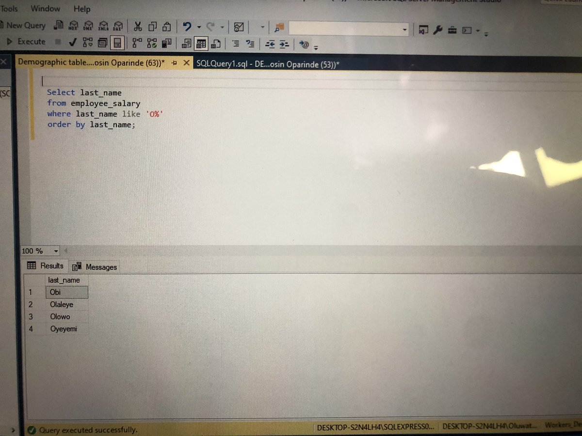 Imoleayo1182245's tweet image. Day 6/15 of SQL 🧑‍💻data challenge with DAH

I learnt the Like Operator. It is used in a Where clause to search for a specified pattern in a column.
@Ayoogunlola 
#15daysofconsistencywithdah 
#15daysofdatawithdah