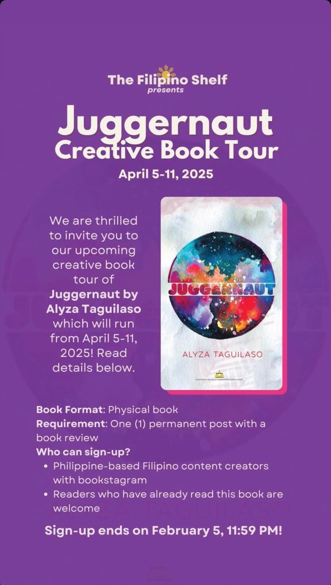 Hi frens, The Filipino Shelf invites you to their upcoming creative book
tour of 𝘑𝘜𝘎𝘎𝘌𝘙𝘕𝘈𝘜𝘛 which will run from April 5-11, 2025! Details in the photo ☺️🩵

Sign-up ends on February 5, 11:59 PM!

Follow The Filipino Shelf on Instagram:
instagram.com/thefilipinoshe…