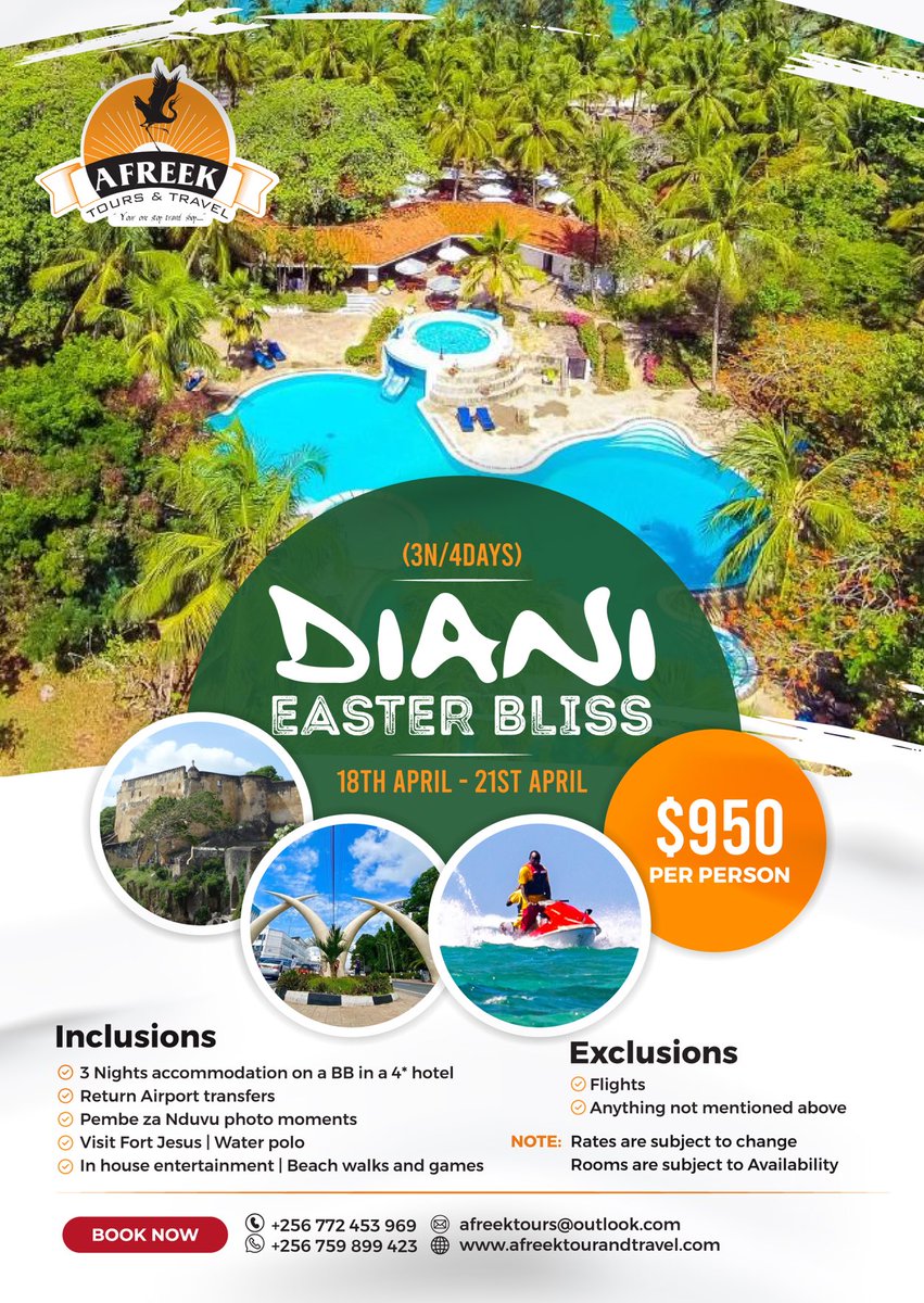 Easter in paradise! Escape to the white sands and turquoise waters of Diani Beach this Easter! Indulge in luxury, adventure and relaxation with our exclusive Easter package.
Book now &amp; make unforgettable memories 
#EasterInDiani #BeachEscape #LuxuryGetaway #Travel

+256772453969