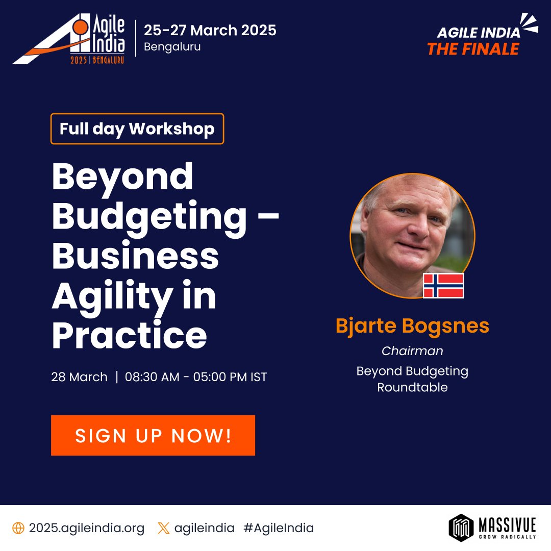 Agile India (@agileindia) on Twitter photo Don't miss #BeyondBudgeting – #BusinessAgility in Practice, a full-day #workshop with renowned speaker <a href="/bbogsnes/">Bjarte Bogsnes</a>.
Gain insights on org. management, trust building, dynamic forecasting & performance evaluation.
Register now: confengine.com/conferences/ag…
#AgileIndia Don't miss #BeyondBudgeting – #BusinessAgility in Practice, a full-day #workshop with renowned speaker <a href="/bbogsnes/">Bjarte Bogsnes</a>.
Gain insights on org. management, trust building, dynamic forecasting & performance evaluation.
Register now: confengine.com/conferences/ag…
#AgileIndia