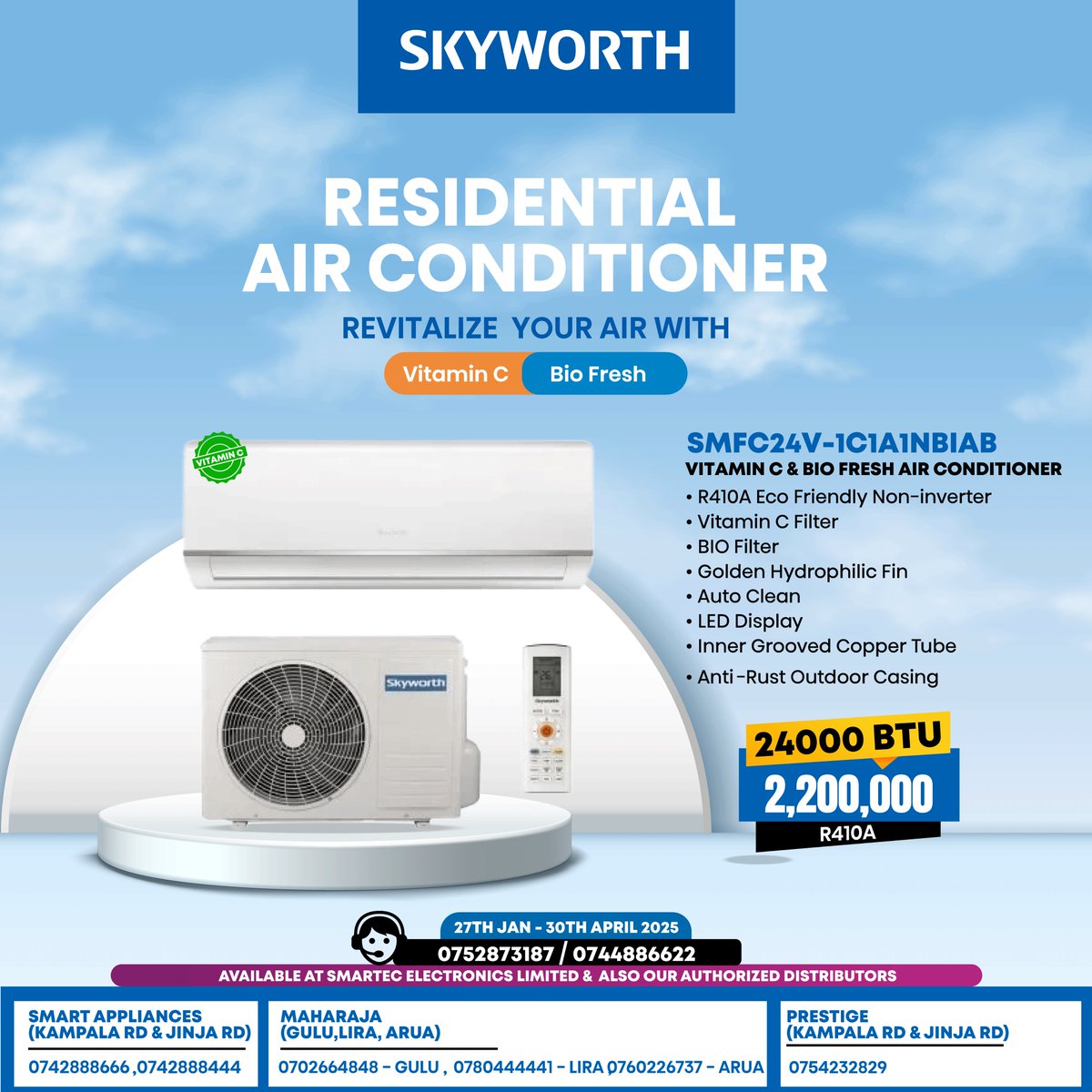 skyworth_uganda's tweet photo. "Revitalize your air with the Skyworth Residential Air Conditioner! 🌬️✨ Enjoy Vitamin C & Bio Fresh filtration for a healthier home. Get yours today for 2,200,000 UGX! 🔥❄️ #SkyworthAC #CoolAndFresh" https://t.co/hFzLL1rhp8