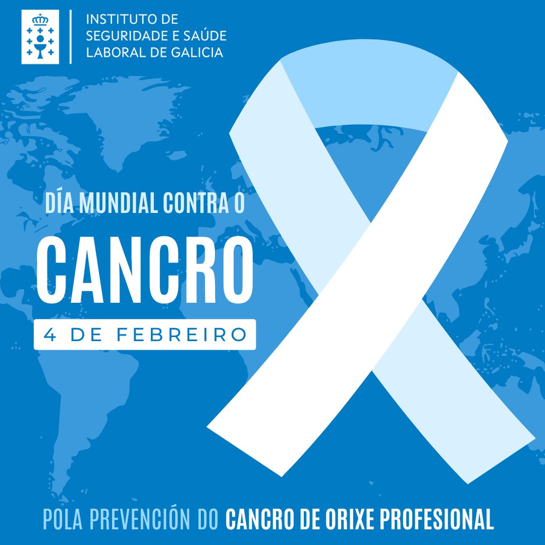Dende o <a href="/issga_xunta/">Instituto de Seguridade e Saúde Laboral de Galicia</a>  sumámonos á conmemoración do Día Mundial contra o cancro

Seguimos sumando esforzos para aflorar as patoloxías de orixe laboral e avanzar cara a unha prevención real e eficaz fronte ao cancro profesional

#DiaMundialContraElCáncer

issga.xunta.gal/gl/novas/dia-m…