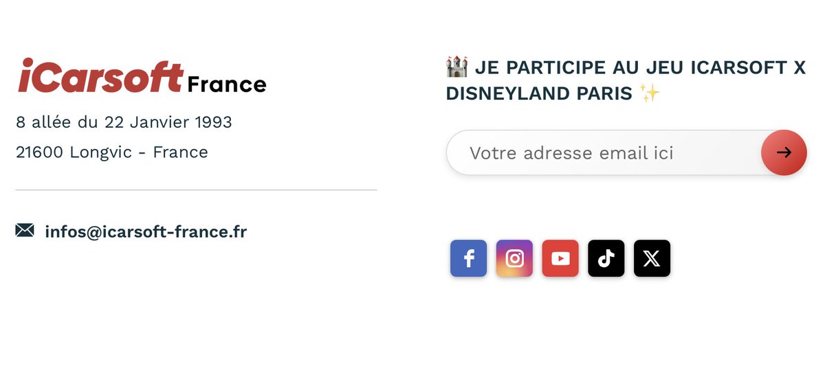 iCarsoft_France's tweet photo. 🎉 [CONCOURS] Tentez de gagner un séjour magique à Disneyland Paris ! ✨🏰  
3 jours / 2 nuits pour 2 personnes 🎢🎠  

🔹 Suivez-nous sur Twitter, Facebook, Instagram et TikTok  
🔹 Inscrivez-vous en bas à droite de notre site (📸 voir photo)  

Bonne chance🍀

👇👇 https://t.co/0gFvbZyG6P
