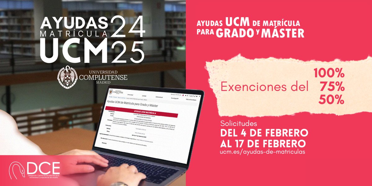 AYUDAS UCM 24-25 📢

Del 4 al 17 de febrero puedes solicitar las ayudas para matrícula de Grado y Máster UCM. Las exenciones pueden ser del 50%, 75% y 100%. 

Toda la información sobre la convocatoria y para poder solicitarla a través de la web: ucm.es/ayudas-de-matr…