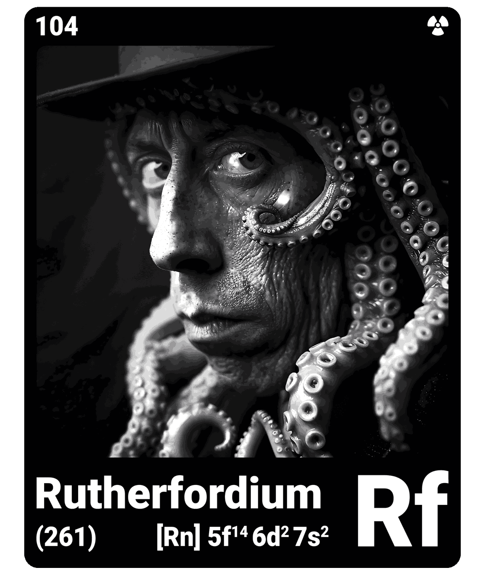 br_AI_king's tweet photo. brAIking This is what it looks like when AI gives the chemical element rutherfordium a face - find all ChemicalElements in the bio ScienceArt https://t.co/uvNQpGqegO