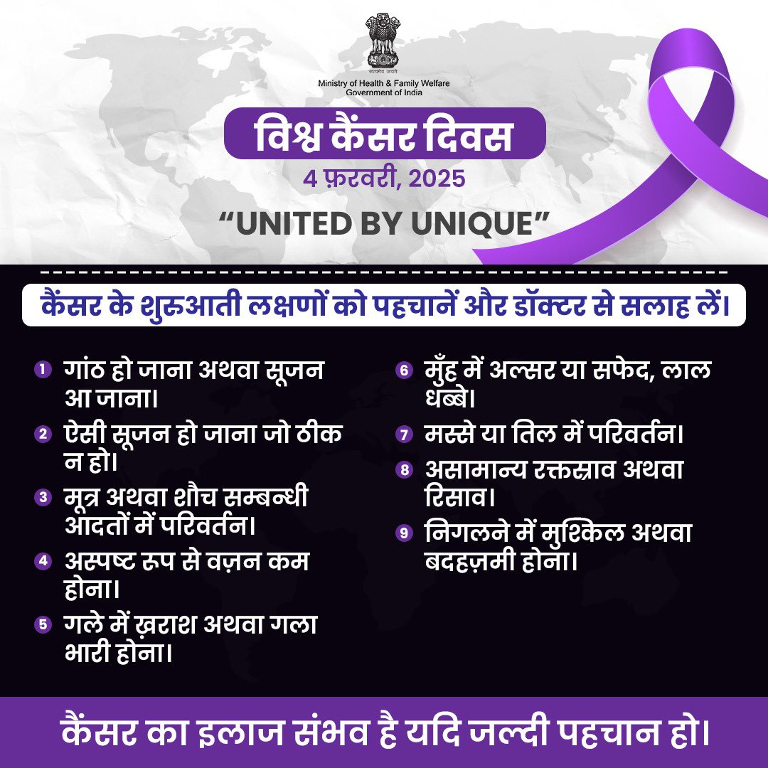 #WorldCancerDay કેન્સર  ના શરૂઆતી લક્ષણોને ઓળખો અને સમયસર ડોક્ટરની સલાહ લો. 
#healthcare #HealthForAll 
@GujHFWDept <a href="/NHMGujarat/">NHM Gujarat</a> <a href="/mdnhmgujarat/">Mission Director,National Health Mission,Gujarat</a> <a href="/CollectorNav/">Collector & DM Navsari</a> <a href="/DdoNavsari/">DDO Navsari</a> <a href="/InfoNavsariGoG/">Info Navsari GoG</a> <a href="/MoHFW_INDIA/">Ministry of Health</a> <a href="/MoHFW_GUJARAT/">Ministry of Health</a>