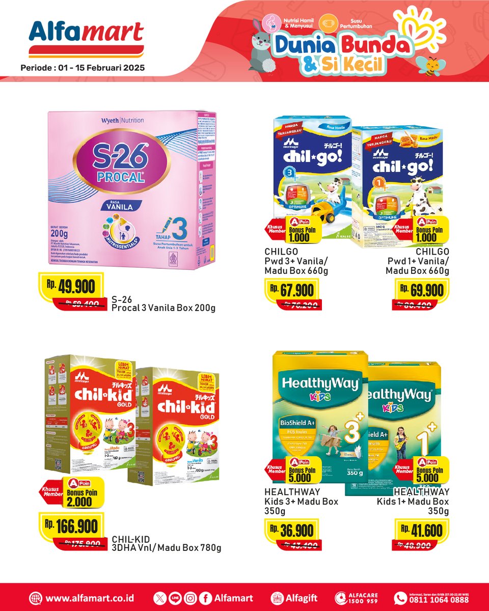 alfamart's tweet photo. Habis gajian mending stok susu si kecil🥰⁣
⁣
Berikan nutrisi yang terbaik untuk masa pertumbuhannya dengan produk #DuniaBundadanSiKecil pilihan berikut ini.⁣⁣⁣
⁣⁣⁣
Periode 1 - 15 Februari 2025
#PromoSusu #PromoAlfamart #PromoAlfagift #AlfamartMelayani https://t.co/FuZWSYau8Q