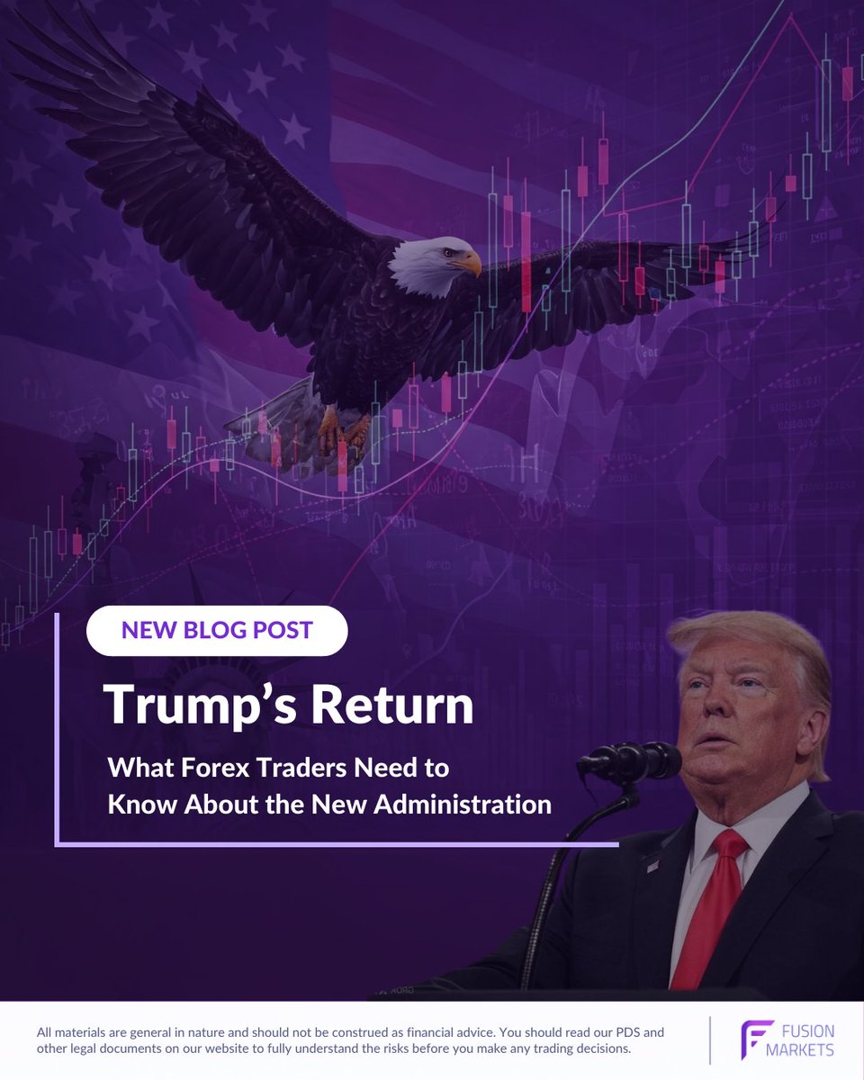 FusionMarkets's tweet photo. Trump’s back, and changes are on the horizon! 🚨 

With his focus on tariffs, tax cuts, and deregulation, forex traders should stay informed. Learn more about the potential market shifts ahead. 💡🌍https://t.co/zZirD45QYr
 #ForexTrading #TrumpReturn #USD #MarketInsights https://t.co/EHA52wQuZH