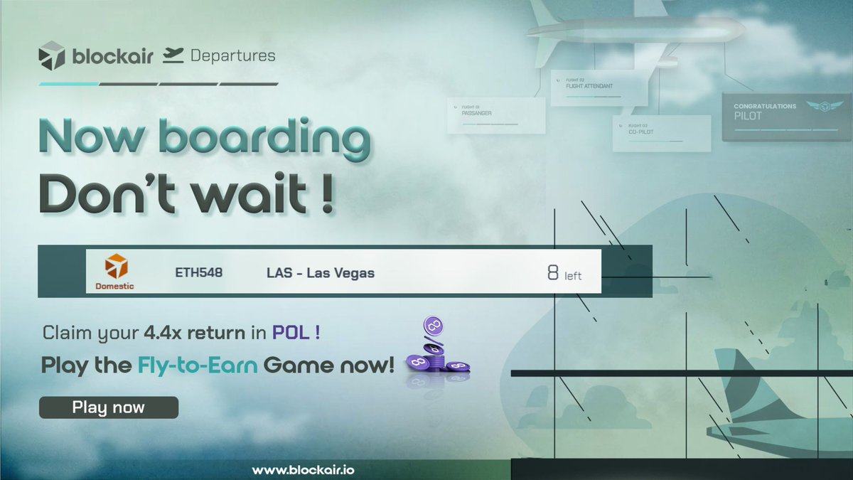 Blockair_P2E's tweet photo. 🚨 Don't wait!  Boarding Now🚨

✈️ 8 seats left on @BlockAirGame Flight ETH548 from Los Angeles to Las Vegas.

🚀 Mint your Passport NFT &amp; Play the Fly-to-Earn Game to claim your 4.4X returns in POL https://t.co/ekX4WU4arm

#GameFi #DeFi #Polygon #NFTGaming #FlyToEarn #Web3Game https://t.co/inzCzd1ypB