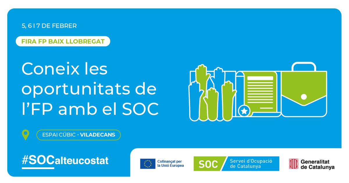 ocupaciocat's tweet photo. 📢Demà, el #SOC a la Fira d'FP del Baix Llobregat
🙋🏻♀️🙋🏻♂️Coneix totes les oportunitats laborals i formatives d'#FP per alumnat ESO, #empreses, #FPODual i personal orientador.
📆 5, 6 i 7 de febrer, de 9h a 19:30h
📍 Espai Cúbic de Viladecans
T'esperem al nostre estand! https://t.co/wNdjOqqzZF