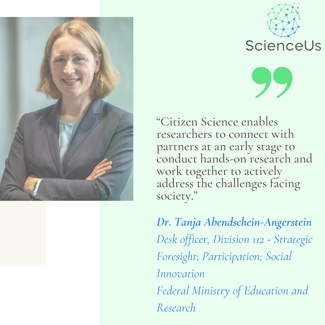 Spotlight on Our Stakeholder Advisory Board! 
📢 Today, we feature Dr. Tanja Abendschein-Angerstein, Desk Officer at the Federal Ministry of Education and Research, specializing in Strategic Foresight, Participation, and Social Innovation.
🔎 Learn more: scienceus-project.eu