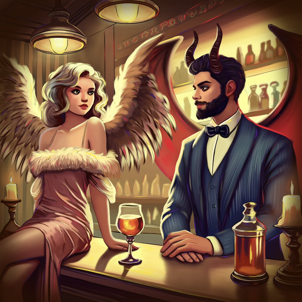 ✨Good morning, friends ✨

Happy #TEZOSTUESDAY 

😈🪽The Magic of Meeting 🪽😈

An atmosphere of intrigue and attraction surrounds them. They both feel an irresistible attraction to each other, despite the differences between light and dark

✨1/1
✨75XTZ

Link👇